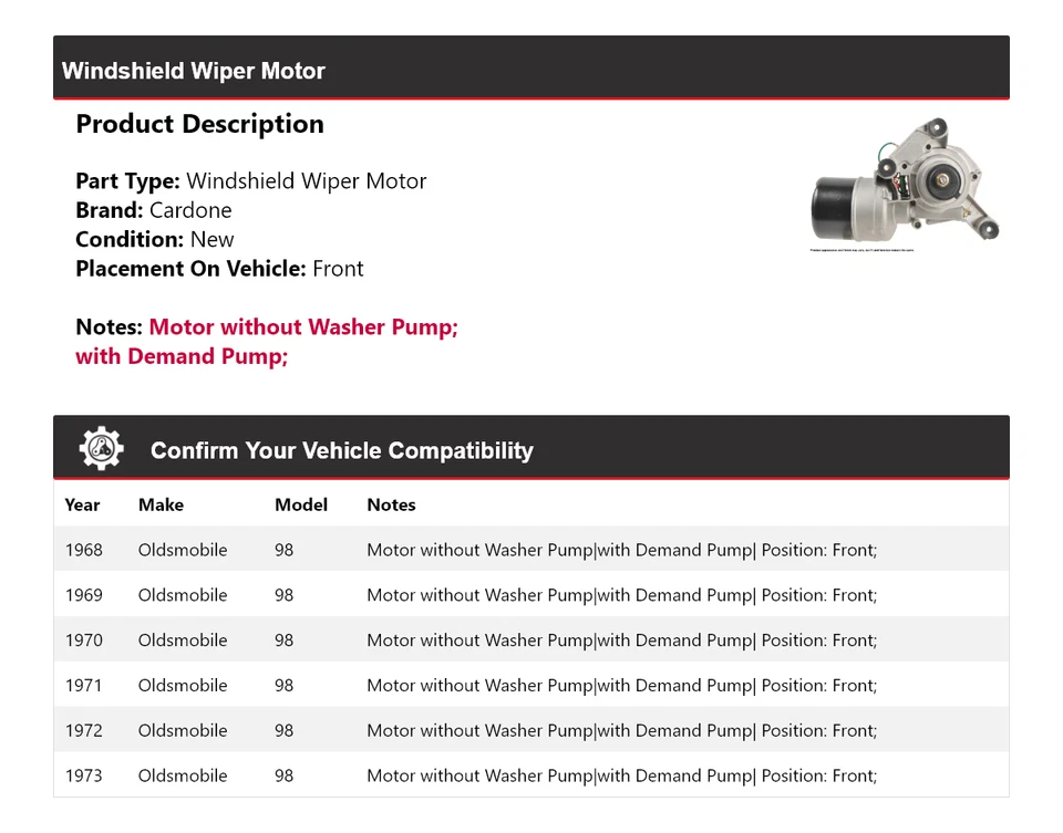 Para 1968-1973 Oldsmobile 98 Limpiaparabrisas Motor Delantero Cardone 1969 1970 1971 Foto 2 de 4