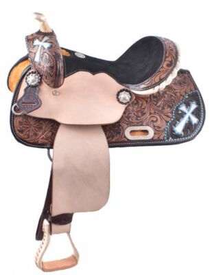 13'' Double T Barrel Style Saddle with Hand Painted Cross Design!