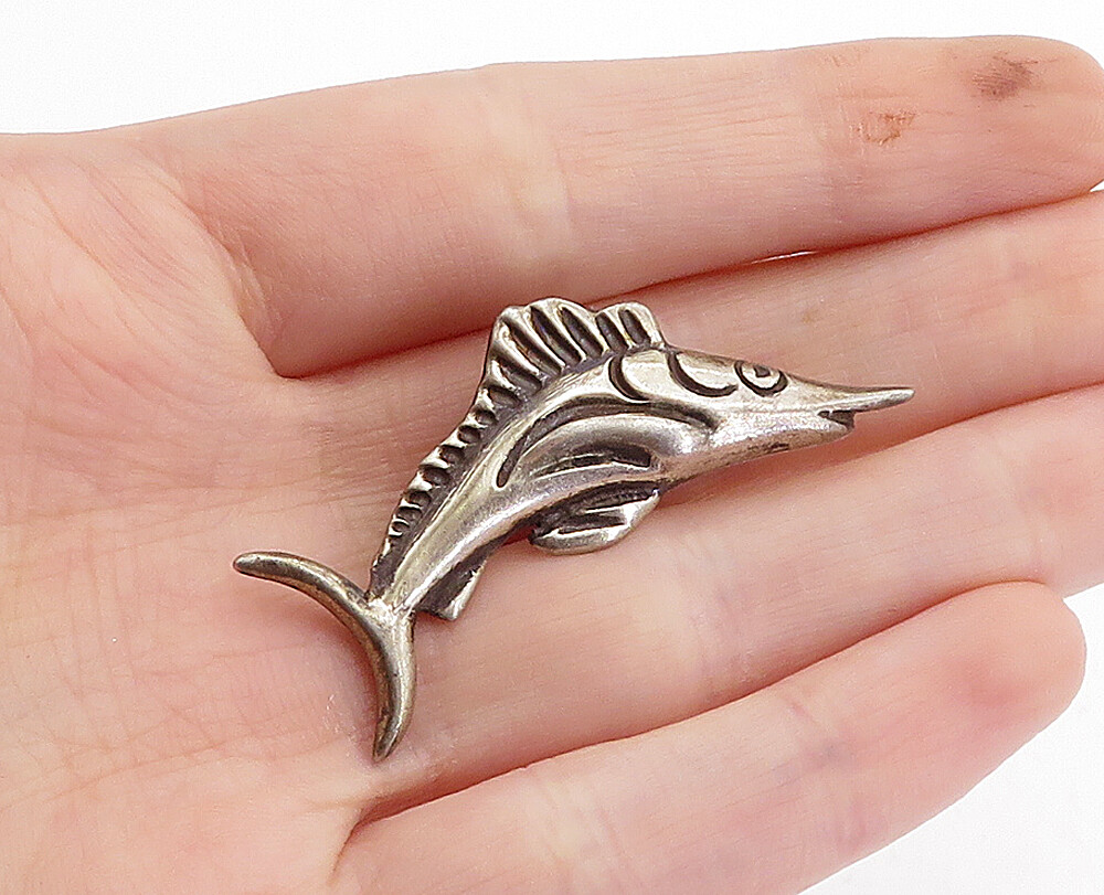 925 Sterling Silver Vintage Dark Tone Swordfish Motif Brooch Pin