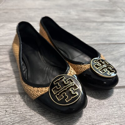 Tory Burch Flats Straw/Black Patent Leather Logo Check