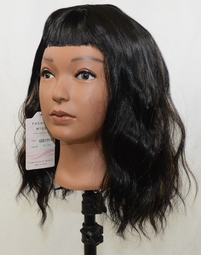 Black Wavy Wig with Copper Blonde Highlights and Short Bangs - Shoulder Length - Picture 7 of 9