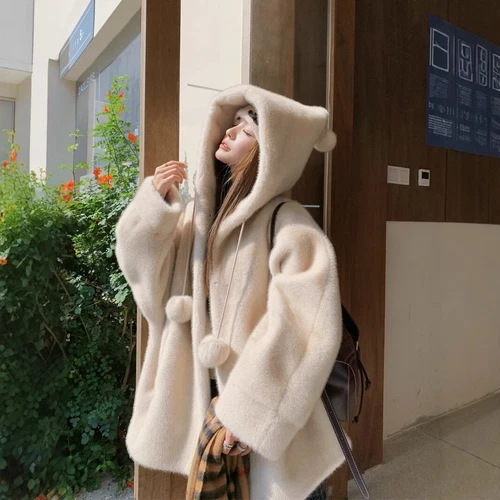 OFF WHITE Cappotto donna invernale con cappuccio spesso corto imitazione visone peluche caldo pelliccia sintetica giacca