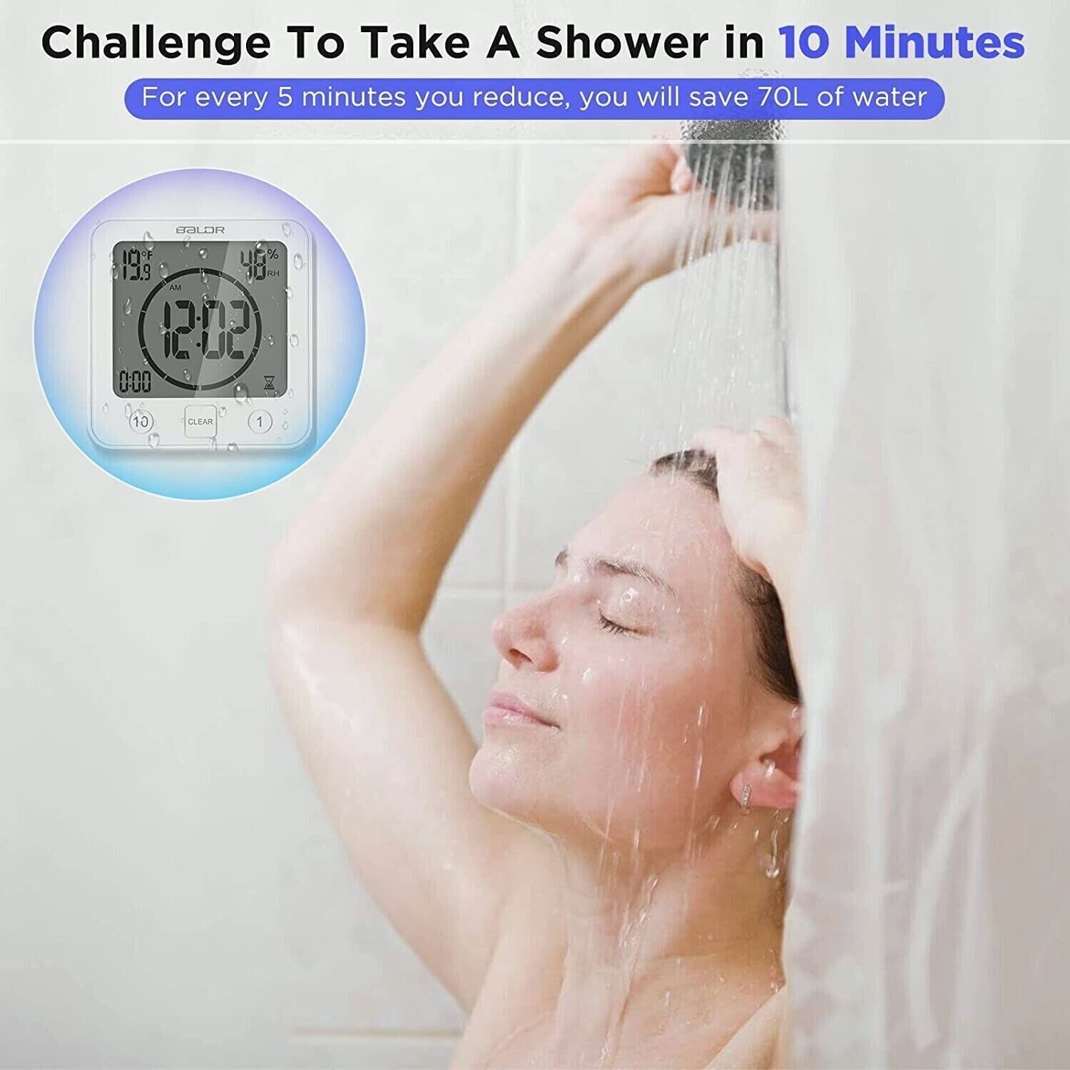 BALDR LCD Wall Waterproof Timer Bathroom Shower Clock Temperature