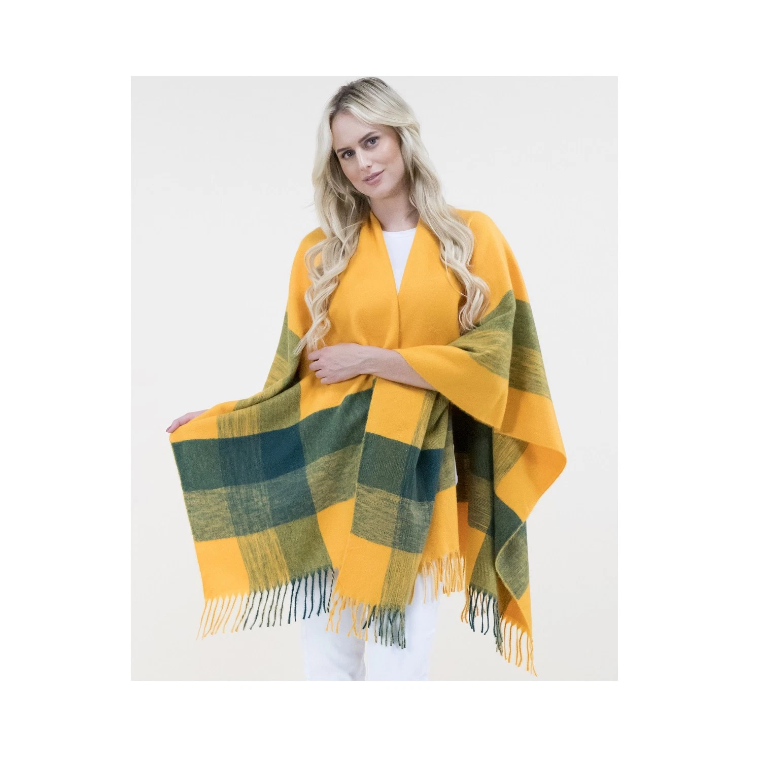 Large Oversized Plaid Poncho Mustard & Green Tartan Striped Premium Quality