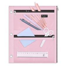 SKYDUE Pencil Pouch for 3 Ring Binder, 3 Pockets and Clear Window,11" x Pink