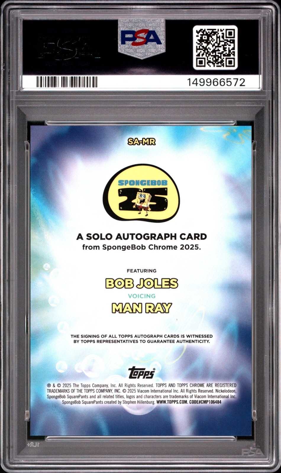 2025 Topps Chrome SpongeBob Sapphire Bob Joles Man Ray Auto Red 4/5 PSA 10 view 2
