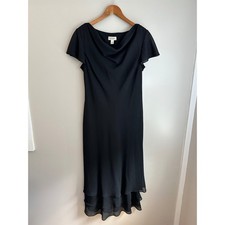 Talbots Cowl Neck Midi Dress Women 12 Black Tiered Ruffle Flutter Sleeve Elegant