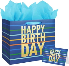 13" Large Blue Gift Bag with Tissue Paper, Card and Handles for Men's Birthda...
