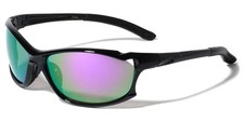 Mens Modern Wrap-Around Sports Sunglasses Black Frame Purple Green Mirror Lens
