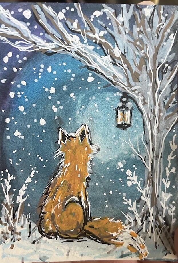 ACEO Original Fox In Snowy Forest painting ATC OOAK Cottagecore Whimsical Art