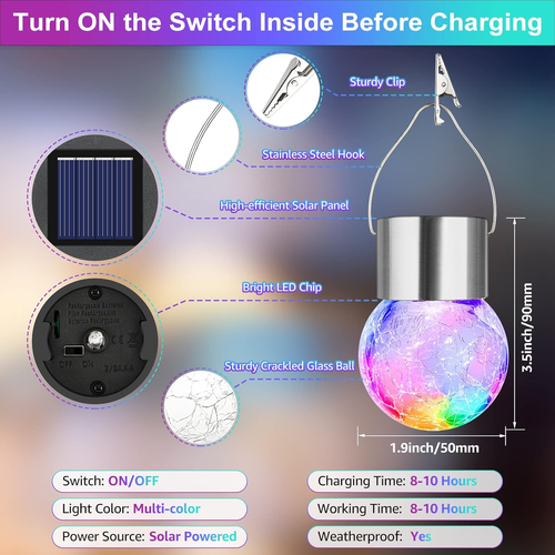12-Pack Hanging Solar Lights, Decorative Cracked Glass Ball Light, Multicolor So - Picture 7 of 12