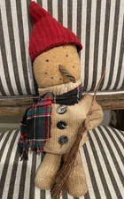 PRIMITIVE  Artist Handmade Grunge CHRISTMAS SNOWMAN Old Sock Doll 12” OOAK