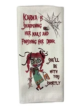 Karma Sharpening Nails Halloween Fun Microfiber Waffle Weave Kitchen Dish Towel