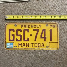1976 Manitoba License Plate GSC-741 Maroon/Yellow Very Good Vintage Friendly