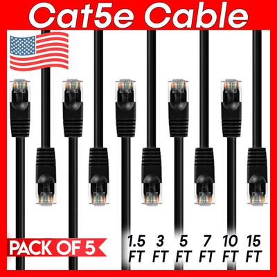 5 PACK Cat5e Cable Black Cat 5 Patch Cord Ethernet RJ45 Connectors LAN Wire