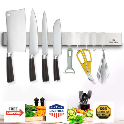 16'' Magnetic Knife Holder Strip with 5 Hooks - Stainless Steel, Wall Mounted