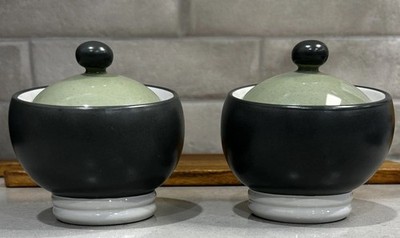 Pair of Pfaltzgraff  Sphere Gray & Green Sugar bowls with Lid Art Deco two