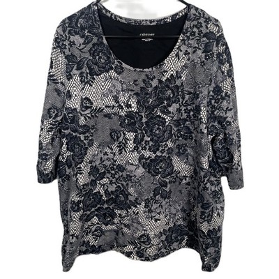 Catherines Knit Top 3/4 Sleeves Womens 1X 18/20 Black White Plus Size Floral