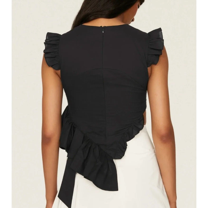 Sandy Liang Black Ruffle Top Black Size 8 Cotton Asymmetrical Designer $465 - Image 2 of 4
