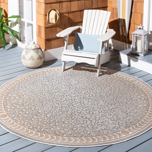 Courtyard Collection Area Rug - 4' Round, Beige & Gold, Leopard Print Design,...