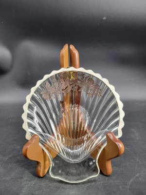 VTG Glass Half Clam Shell Shaped Jewelry /Trinket Dish w/ Beautiful Floral Inlay