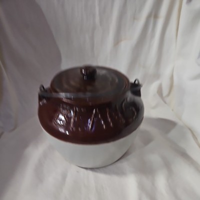 Vintage Crock Stoneware Bean Pot W/lid & Wire Handle 6 in. tall