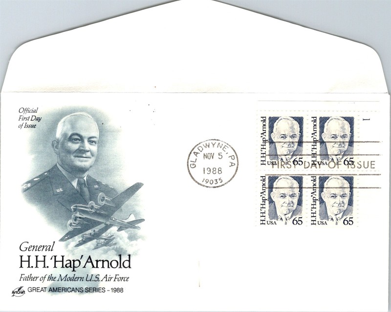 S09-6243, H. H. 'HAP' ARNOLD, PLATE NUMBER BLOCK, ARTCRAFT FDC