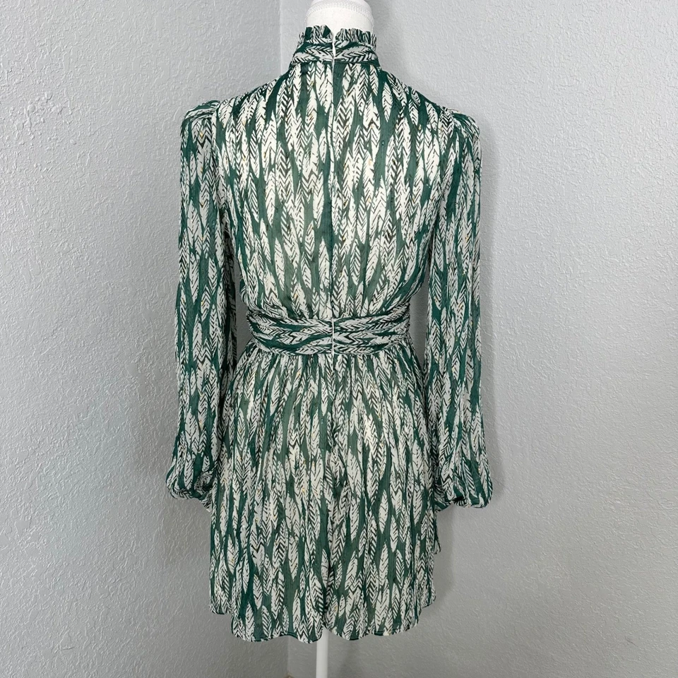 Nuevo sin etiquetas Mini Vestido Estampado Plumas Verde Aqua Manga Larga Cuello Alto Fiesta Cóctel Foto 4 de 4