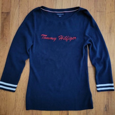 Tommy Hilfiger Women LARGE Navy Sweater Striped-Sleeve with Red Embroidered Logo