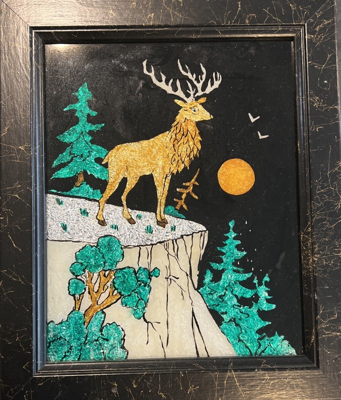 Fabulous Vintage Folk Art Reverse Glass Foil Painting Stag Moon Winter Night