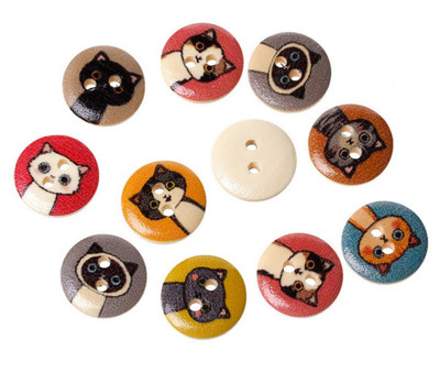 Pkg of 50 CARTOON CAT 2-hole Wooden Buttons 5/8'' (15mm) Scrapbook Doll (4012) 