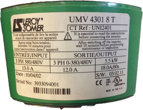 UMV43018T - LEROY SOMER - UMV 4301 8T Variateur 5.5KW 3 PH RECONDITIONNÉ - Imagen 3 de 3
