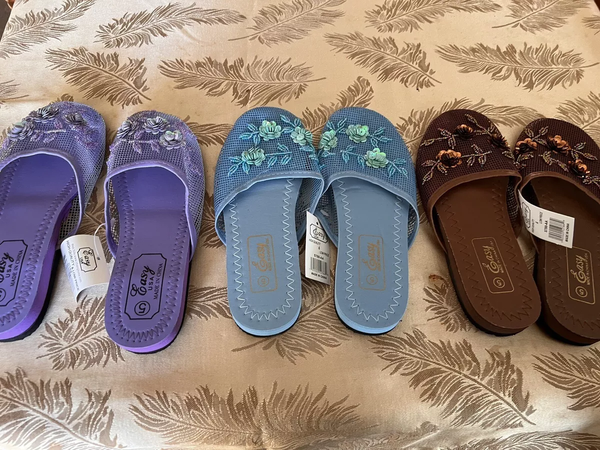 LOT OF 3 WOMENS SEQUIN MESH CHINESE SLIPPERS PURPLE BLUE BROWN