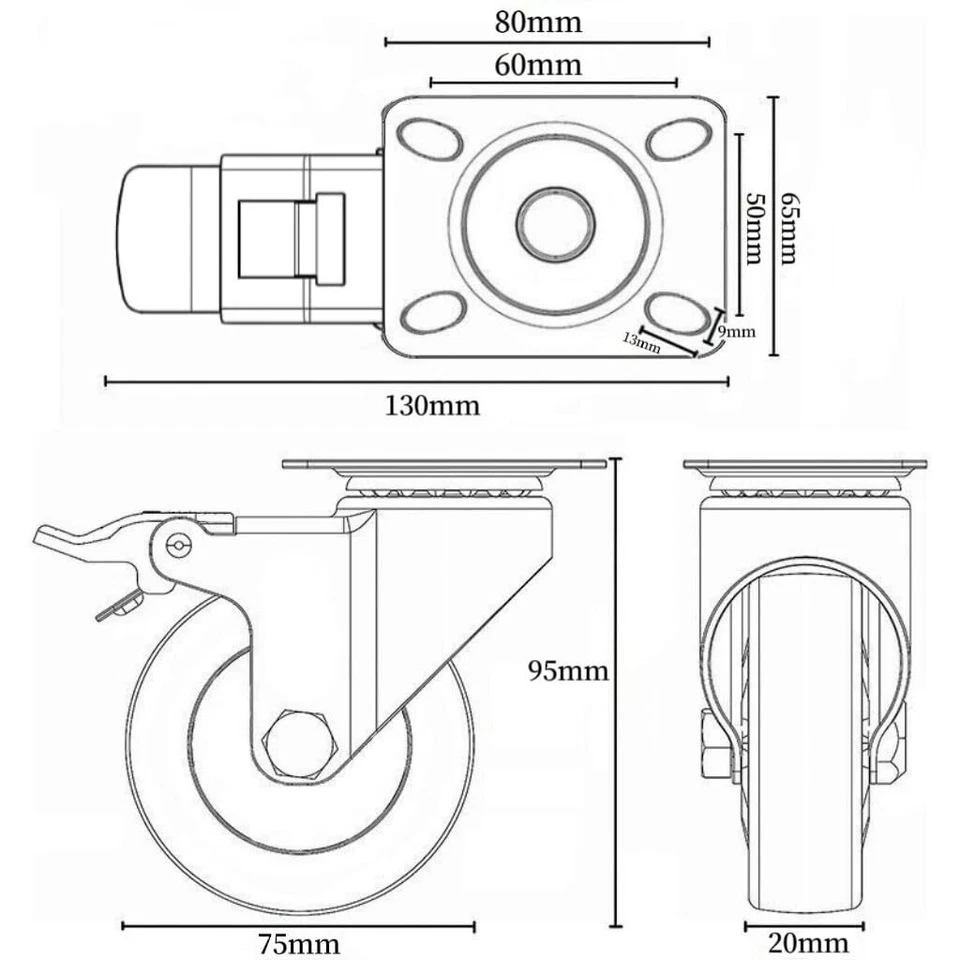 set 4 Ruote Per Carrello Rotella75 mm (2 Girevoli + 2 Girevoli +Freno)per mobili - Immagine 2 di 4
