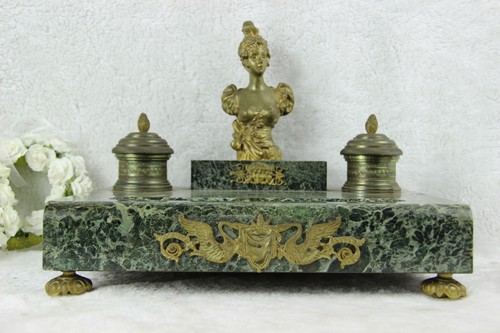 Ancien art nouveau marbre bronze P RIGUEL encrier bureau signé buste femme - Photo 4/9