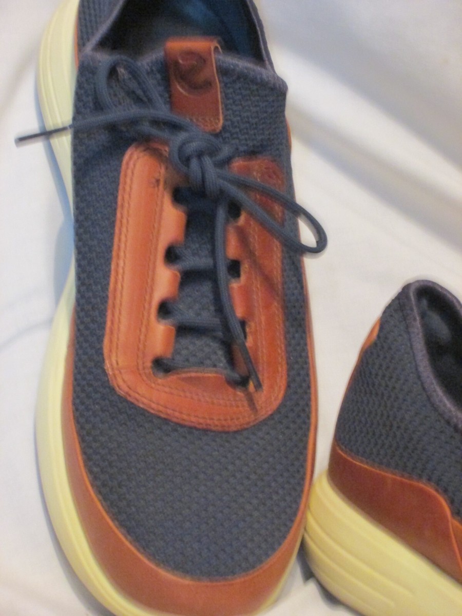 ECCO Mens Sport Shoe Navy Weave Caramel Leather Trim Danish 