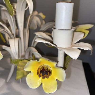 Vintage French 4 Arm White Metal Toleware Ceiling Light With