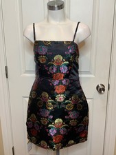 Zara Black Satin Shimmering Metallic Floral Jacquard Mini Dress NWT, Size M