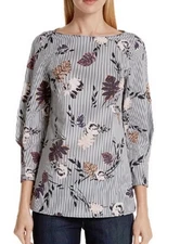 Lafayette 148 New York Caddie Blouse Sz 12 Ink Floral Print Zip Sleeve Top