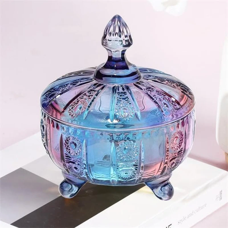 Purple-Blue Glass Candy Dish with Lid,Embossed Candy Jar with Lid 16Oz,Vintage