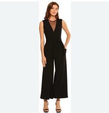 MAGGY LONDON ILLUSION JUMPSUIT Black Size 12 V Neck Belted  Minimalist Classic