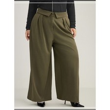 Cider Pants L Women Olive Wide Leg High Waist Pleated Modern Relaxed Fit Bottoms