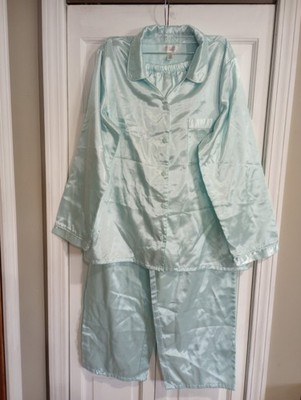 Classic Elements Light Blue Satin Pajama Set Pants and Top V Neck Button Up L