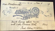 1899 Billhead, Elsbree & Valleau Men's Furnishers Hatters & Furriers Providence 