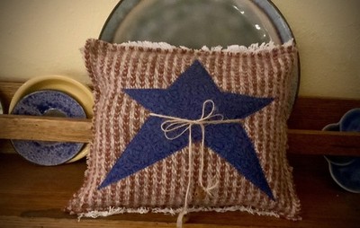 Americana Primitive Wool Star Shelf Pillow 4th July, Independence Day OOAK  NEW