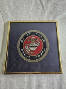 United States Marine Corps USMC Emblem Logo Framed Needlepoint Wall Decor