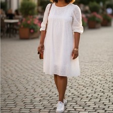 Sanctuary White Cotton Eyelet Puff Sleeve Round Neck Sheath Dress Size Large