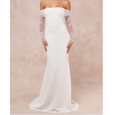 NEW Lulus Bridal Beautifully Beloved White Mesh Off-the-Shoulder Gown Maxi Dress