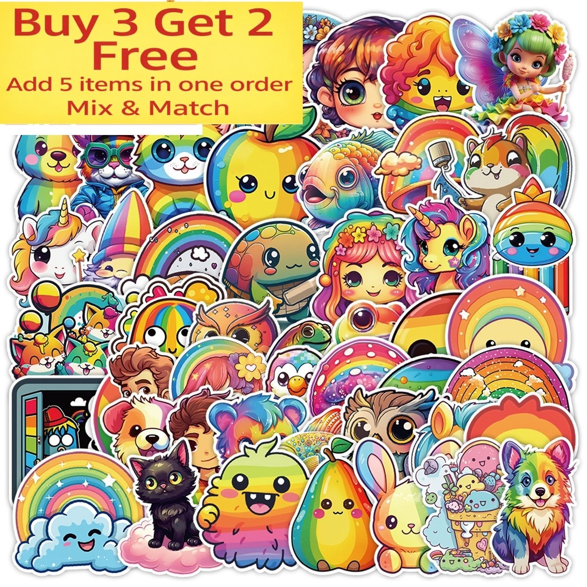 50pcs Waterproof Vinyl Stickers Rainbow Animal Luggage Phone Laptop Water Bottle