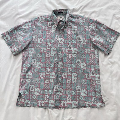 Reyn Spooner Pink & Blue Full Button Up Hibiscus Hawaiian Tapa Shirt Medium